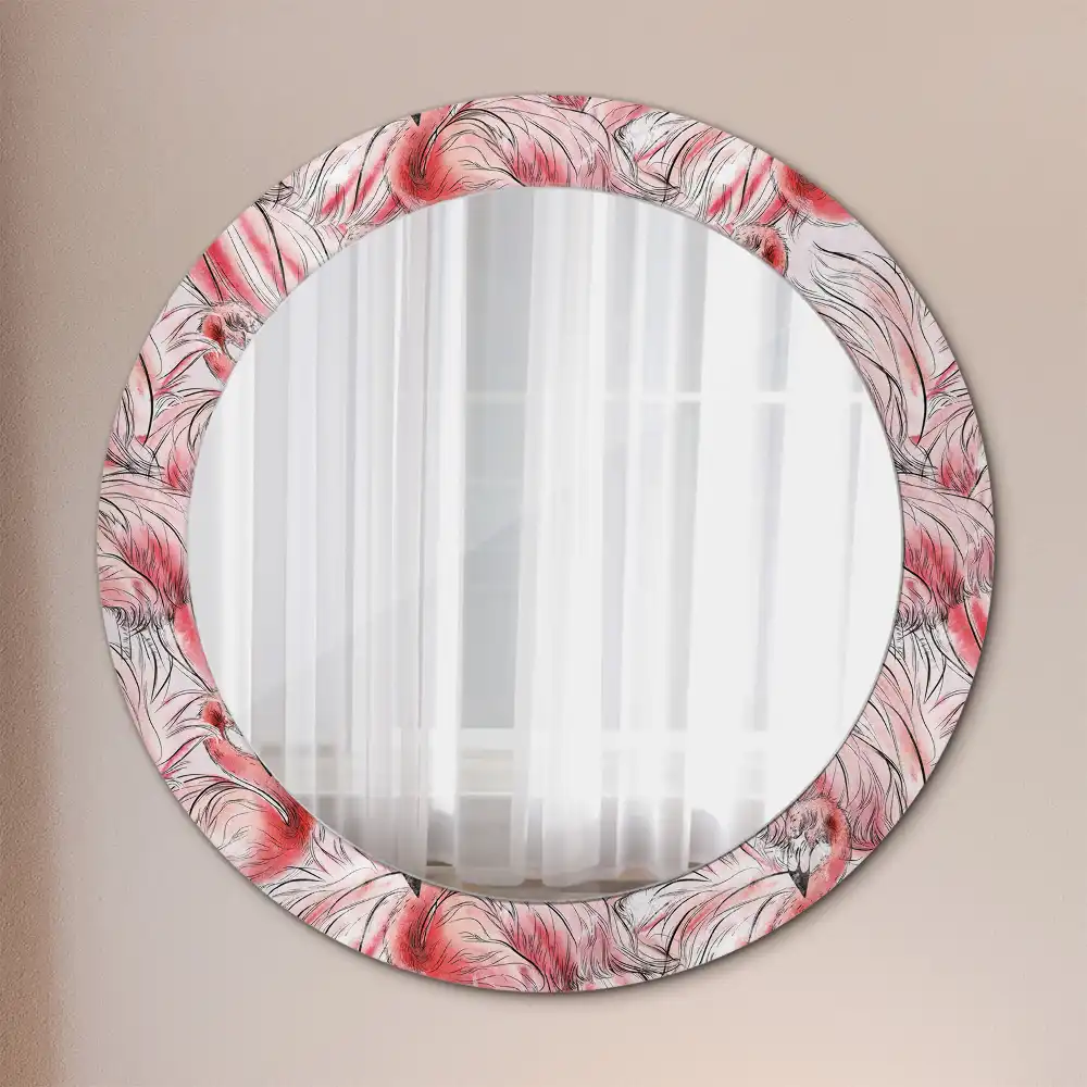 Rund spegel med tryckt Flamingos