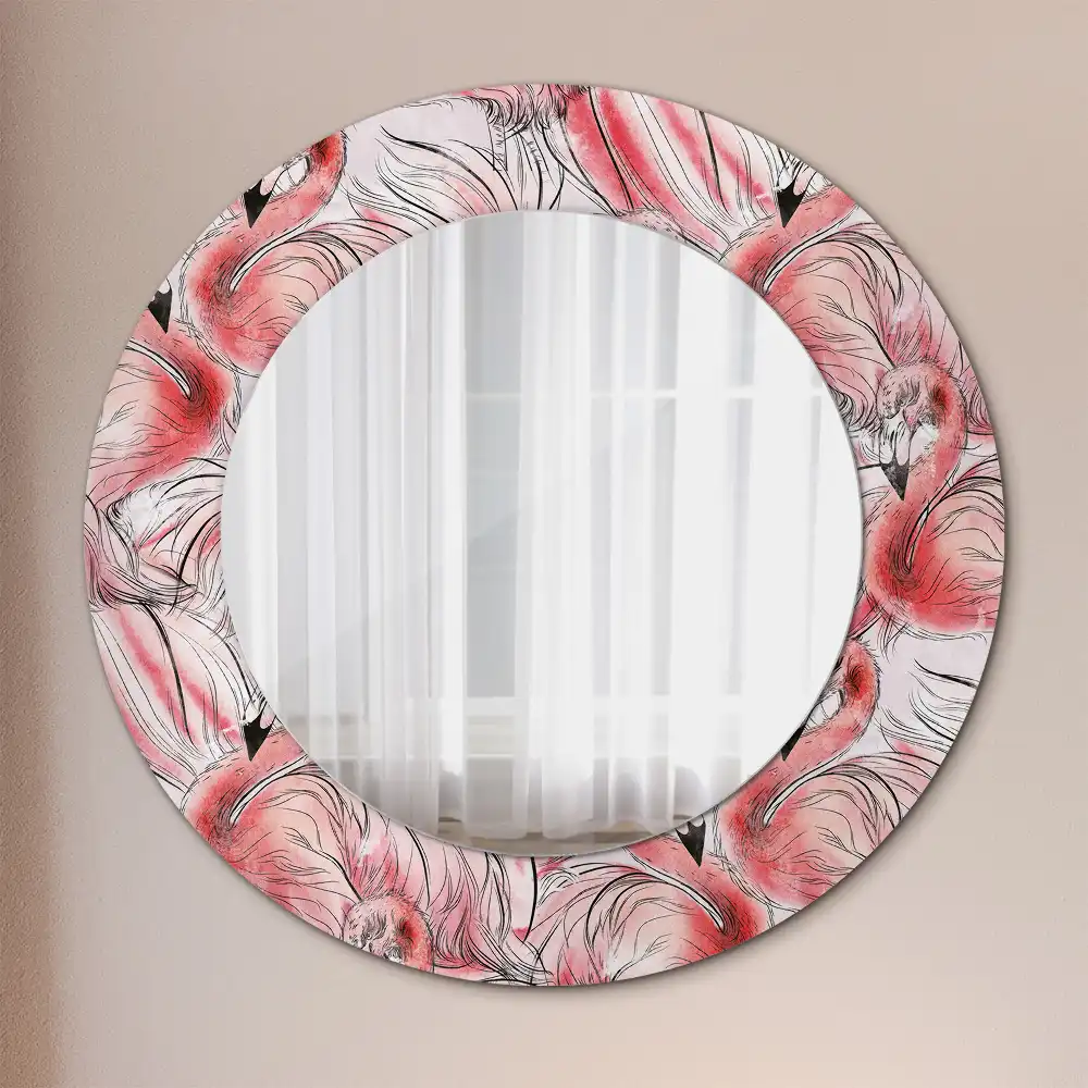 Rund spegel med tryckt Flamingos