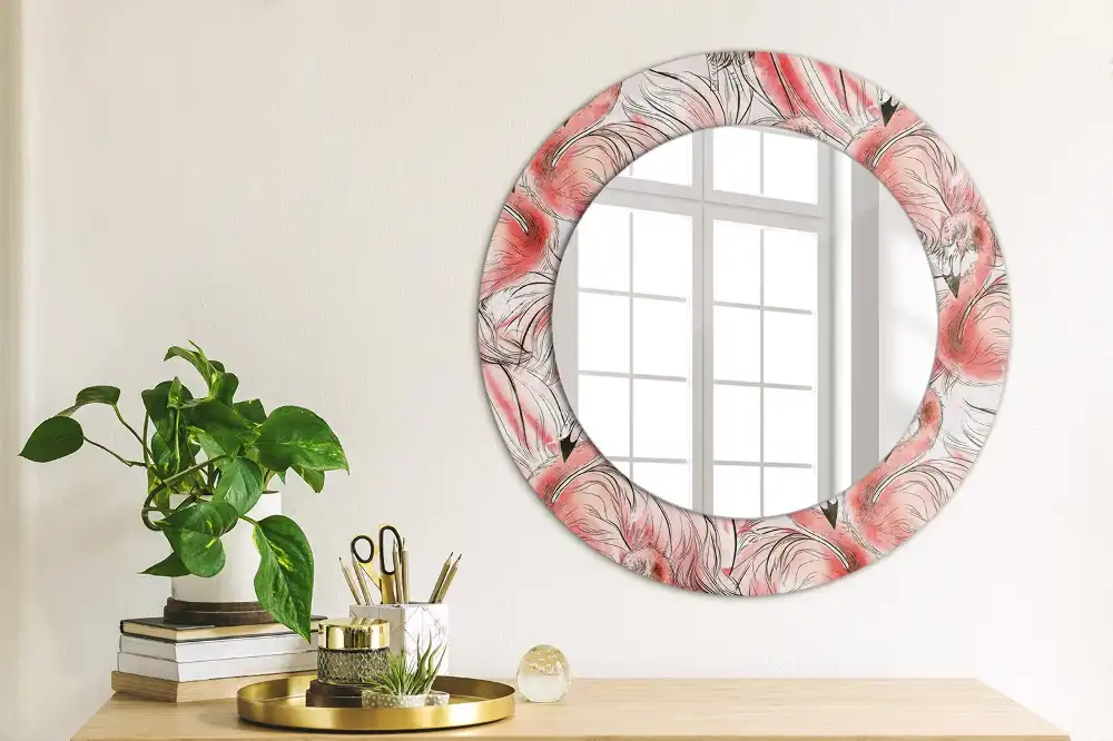 Rund spegel med tryckt Flamingos