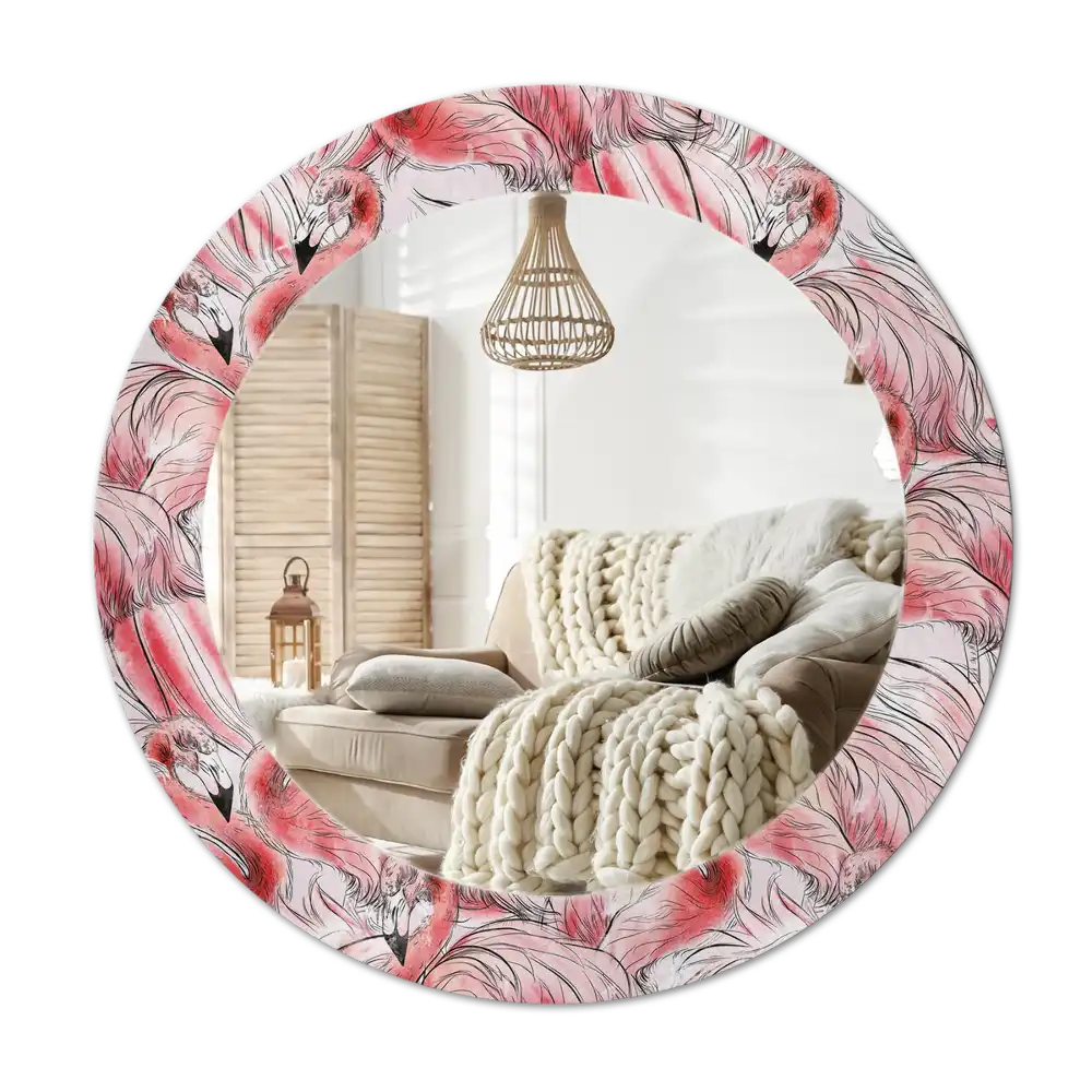 Rund spegel med tryckt Flamingos