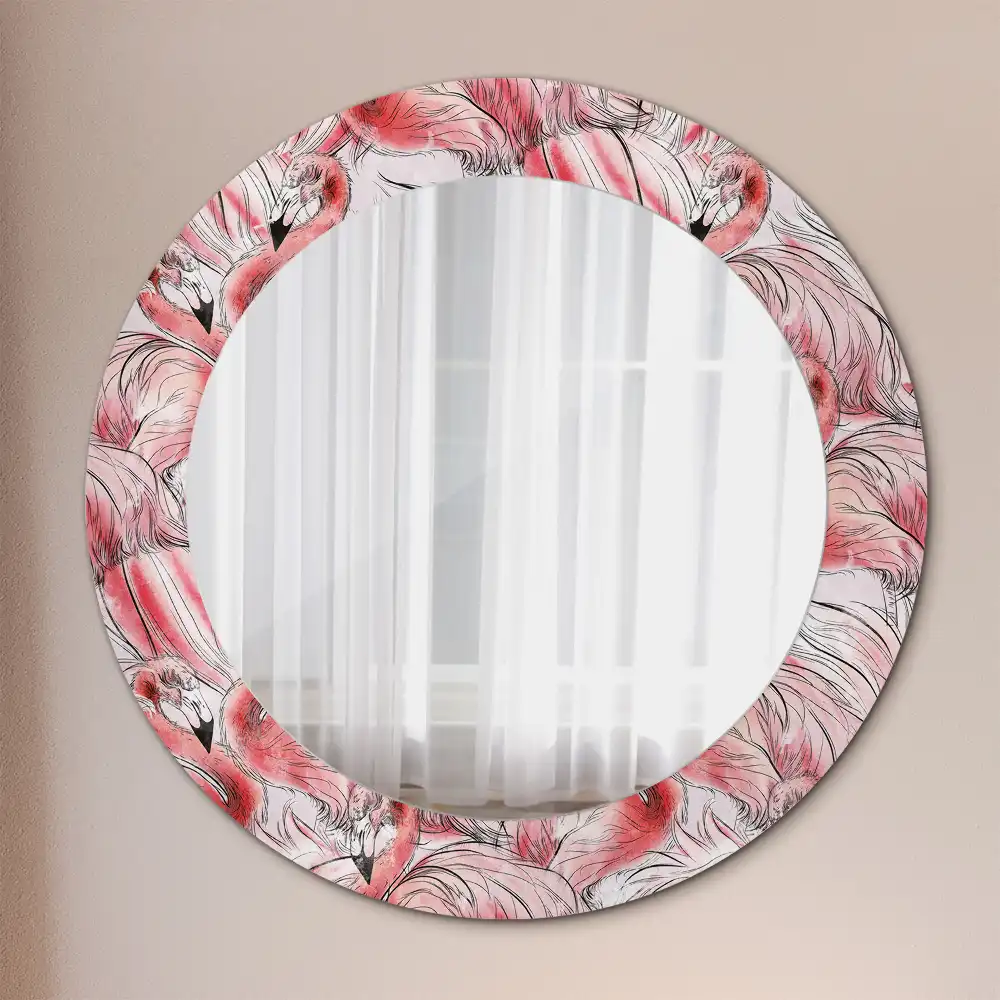 Rund spegel med tryckt Flamingos