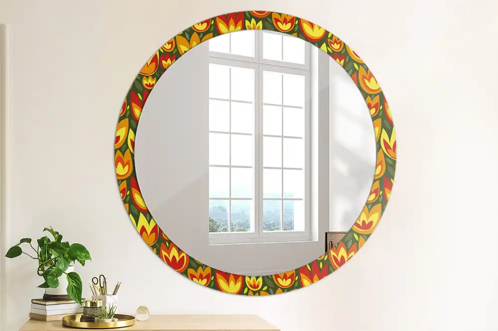Rund spegel med tryckt ram Retro tulpaner