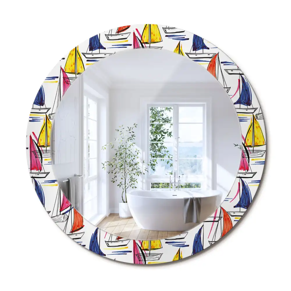 Rund spegel med tryckt ram Färgglada båtar