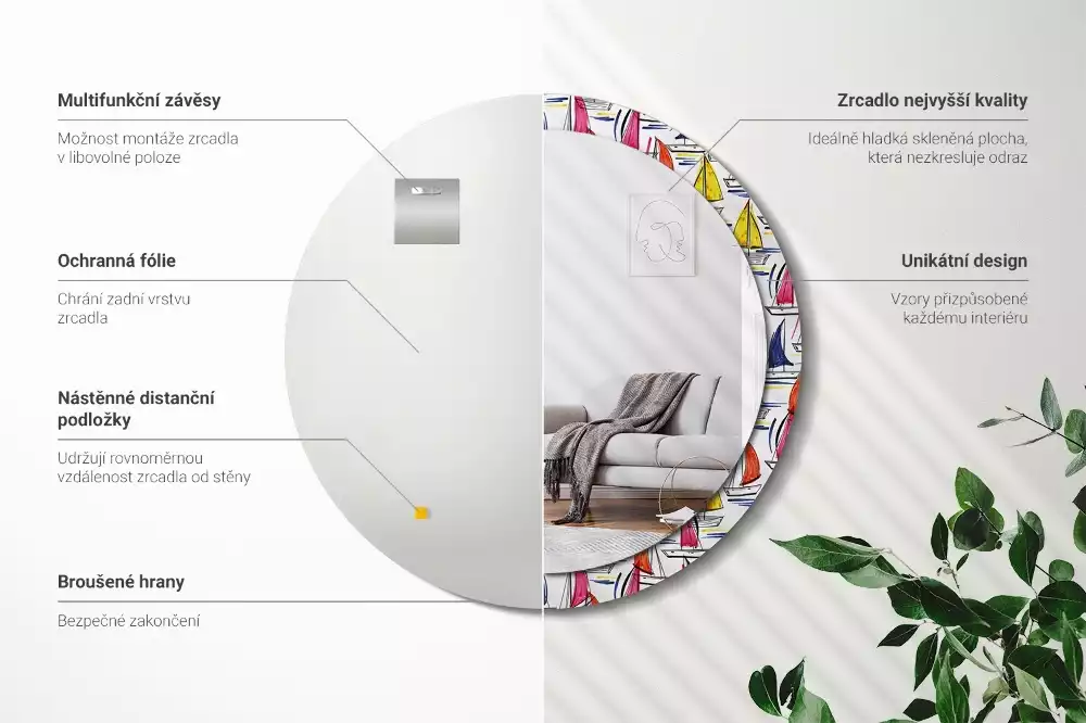 Rund spegel med tryckt ram Färgglada båtar
