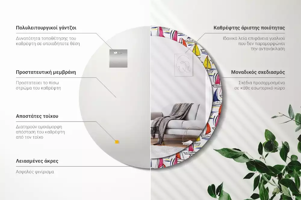 Rund spegel med tryckt ram Färgglada båtar