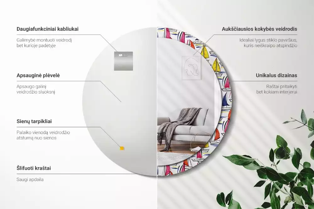 Rund spegel med tryckt ram Färgglada båtar