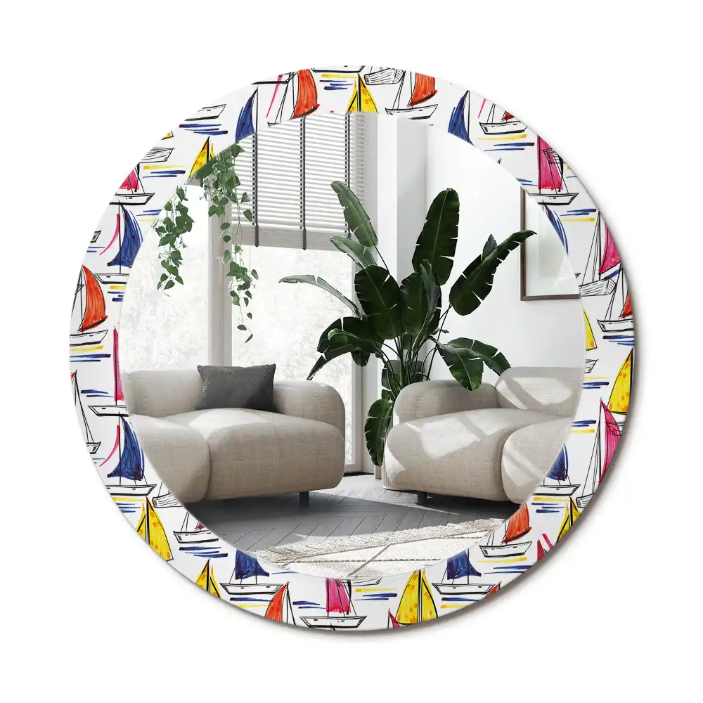 Rund spegel med tryckt ram Färgglada båtar