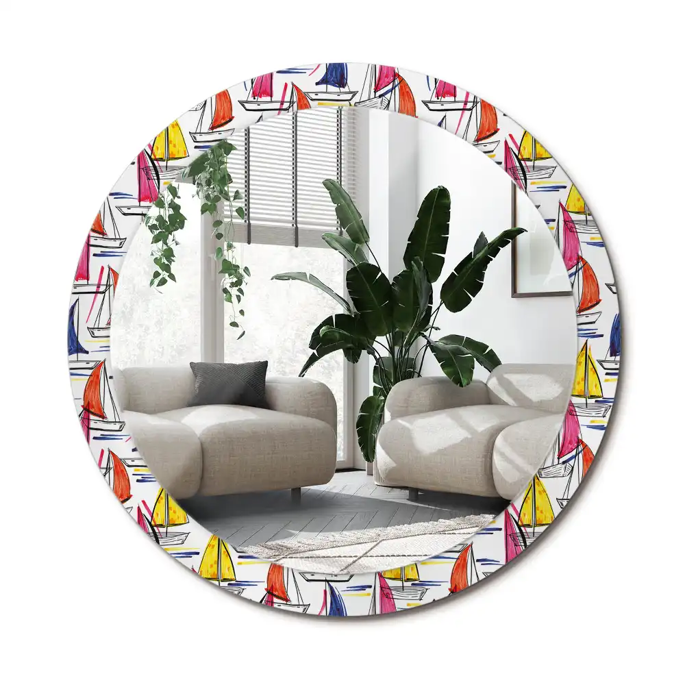 Rund spegel med tryckt ram Färgglada båtar