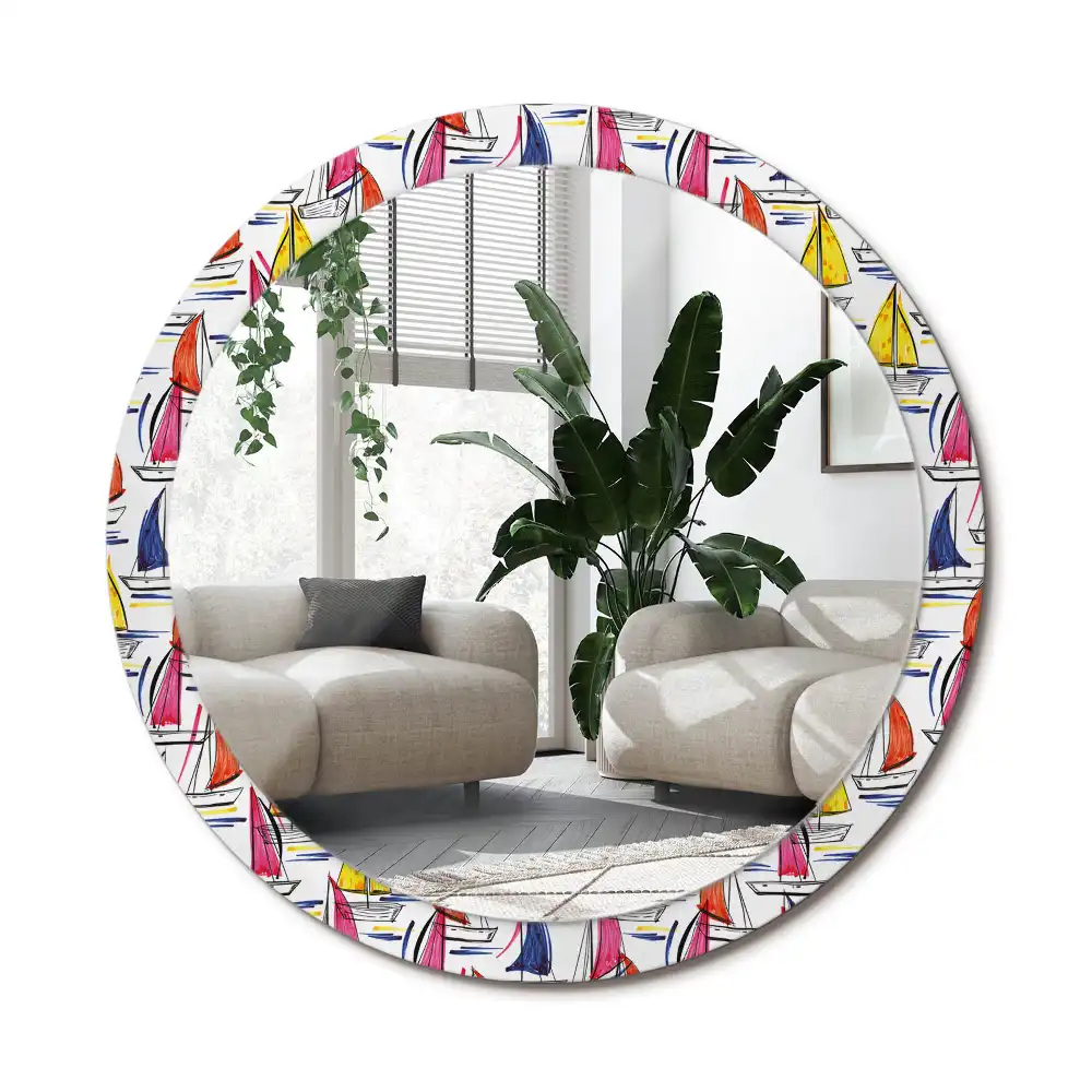 Rund spegel med tryckt ram Färgglada båtar