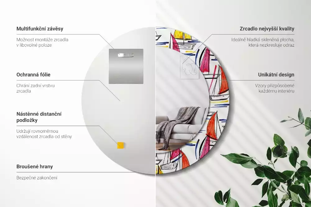 Rund spegel med tryckt ram Färgglada båtar