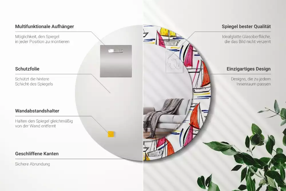 Rund spegel med tryckt ram Färgglada båtar