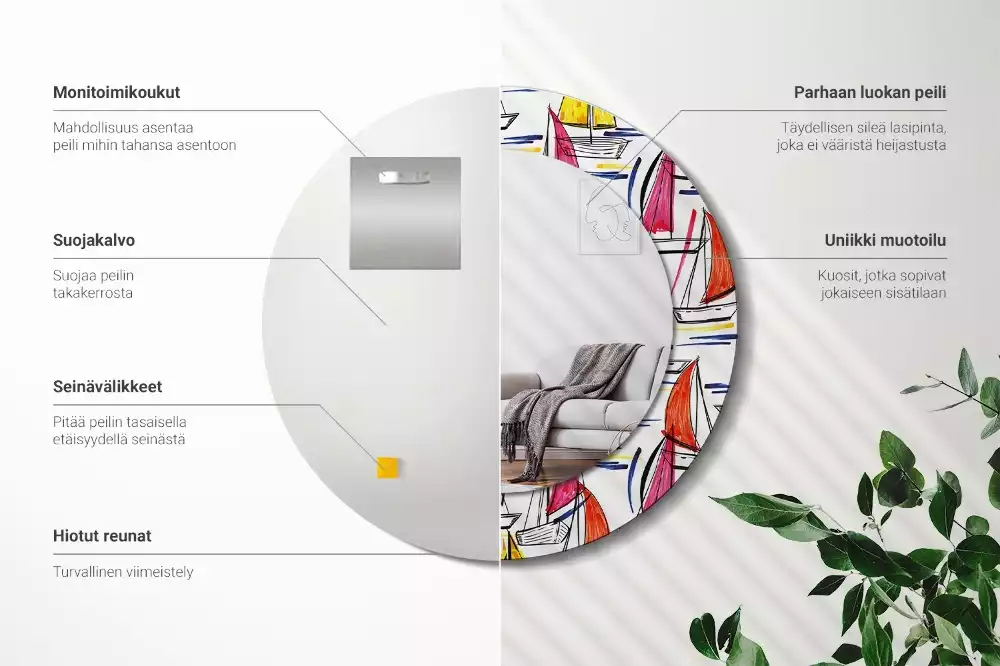 Rund spegel med tryckt ram Färgglada båtar