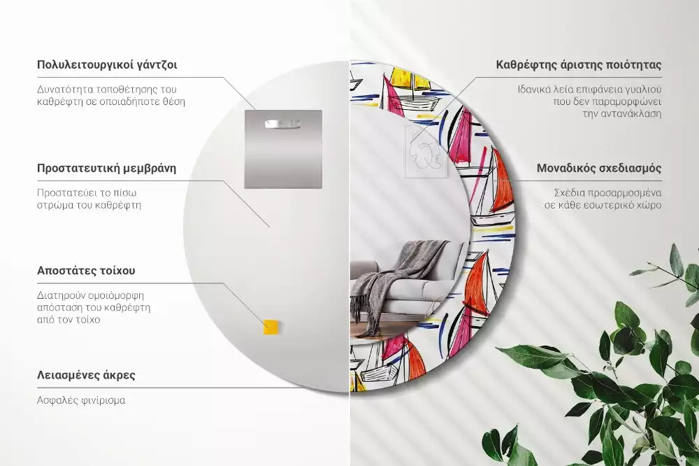 Rund spegel med tryckt ram Färgglada båtar