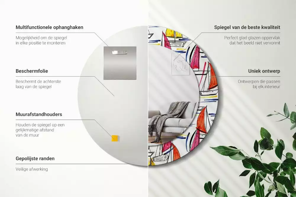 Rund spegel med tryckt ram Färgglada båtar