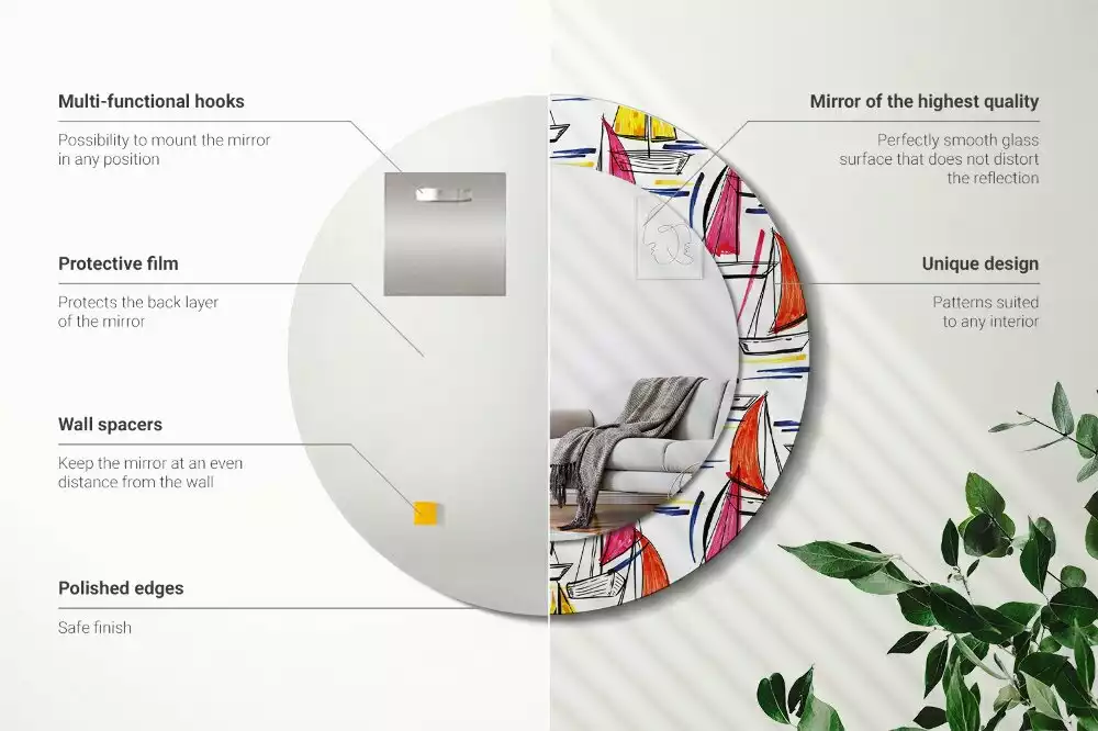 Rund spegel med tryckt ram Färgglada båtar