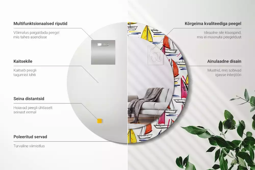 Rund spegel med tryckt ram Färgglada båtar