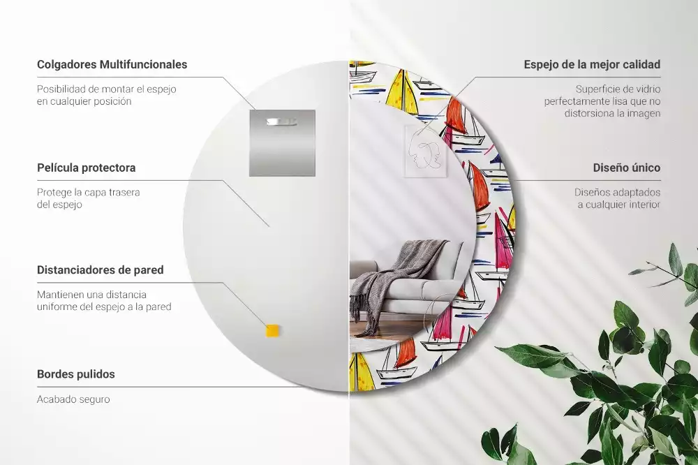 Rund spegel med tryckt ram Färgglada båtar