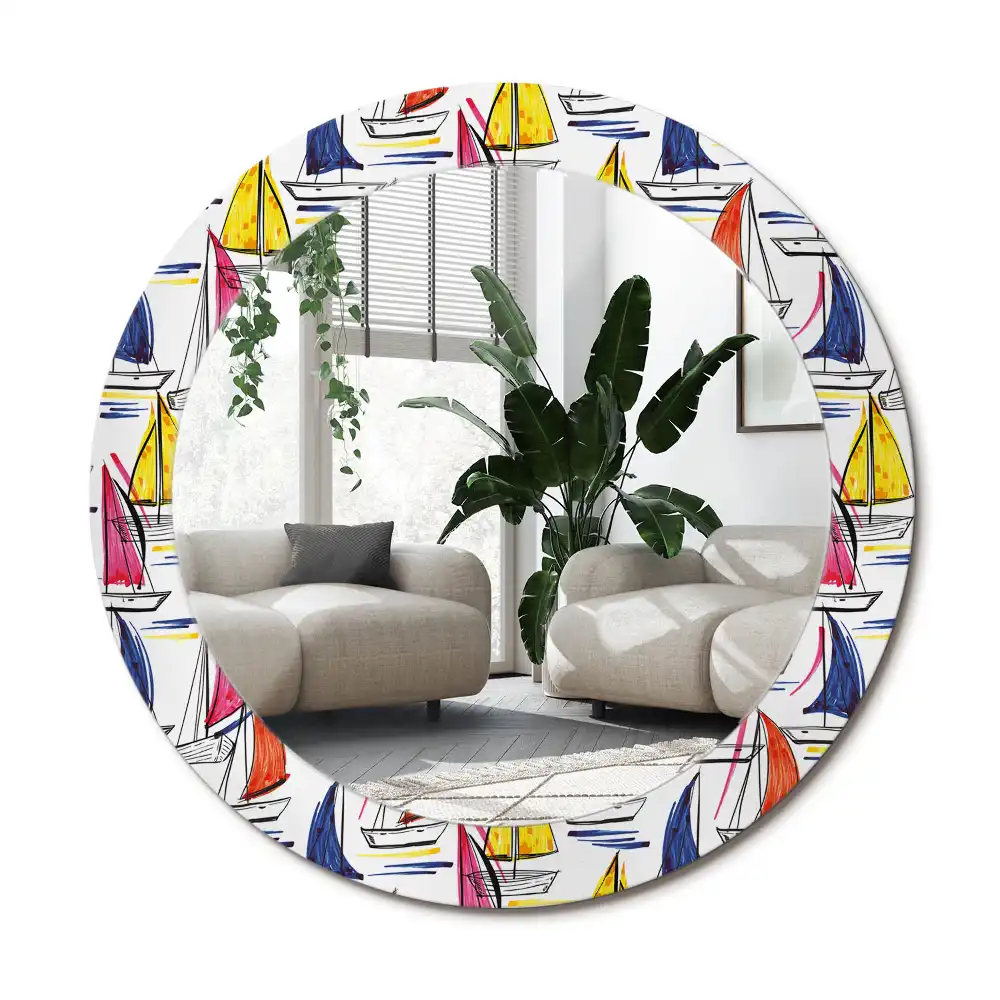 Rund spegel med tryckt ram Färgglada båtar