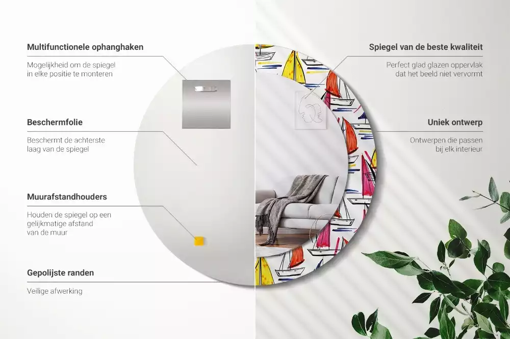 Rund spegel med tryckt ram Färgglada båtar