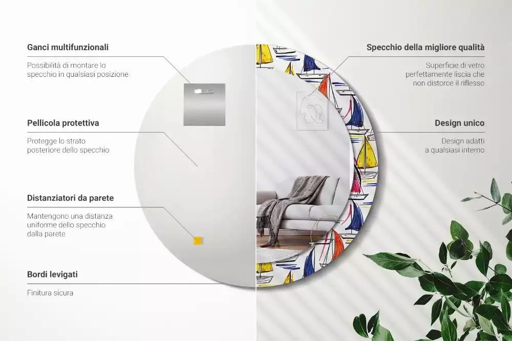 Rund spegel med tryckt ram Färgglada båtar