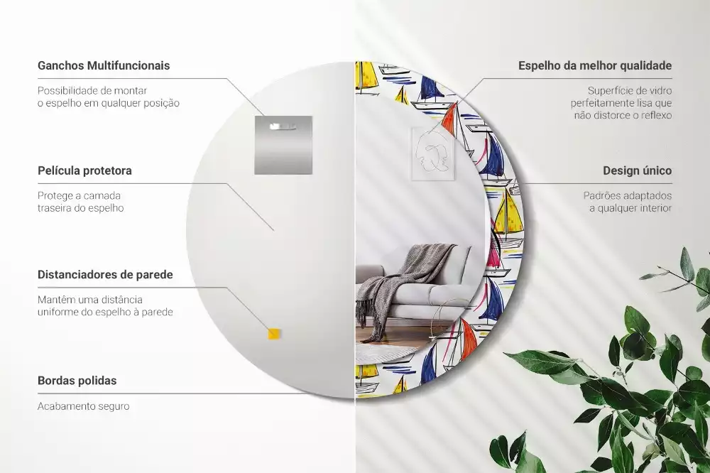 Rund spegel med tryckt ram Färgglada båtar