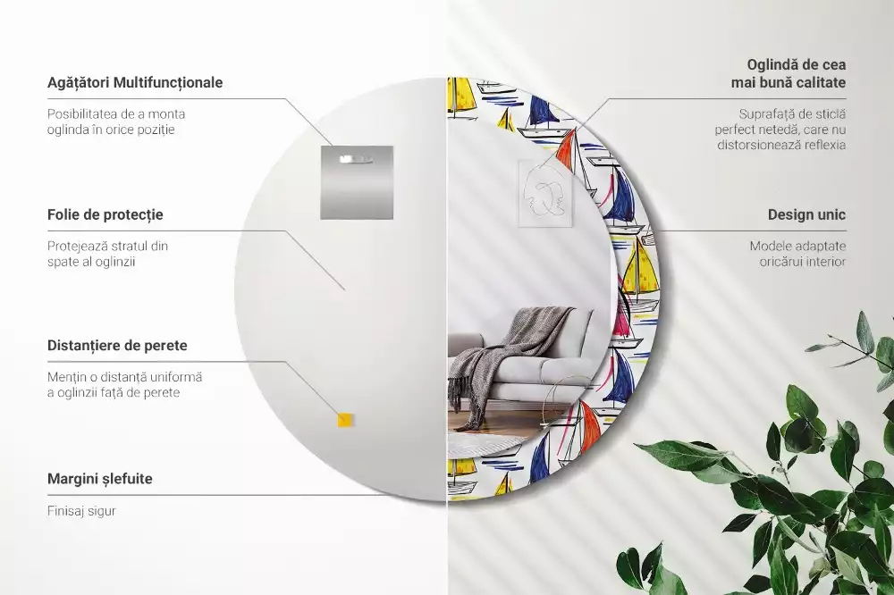 Rund spegel med tryckt ram Färgglada båtar