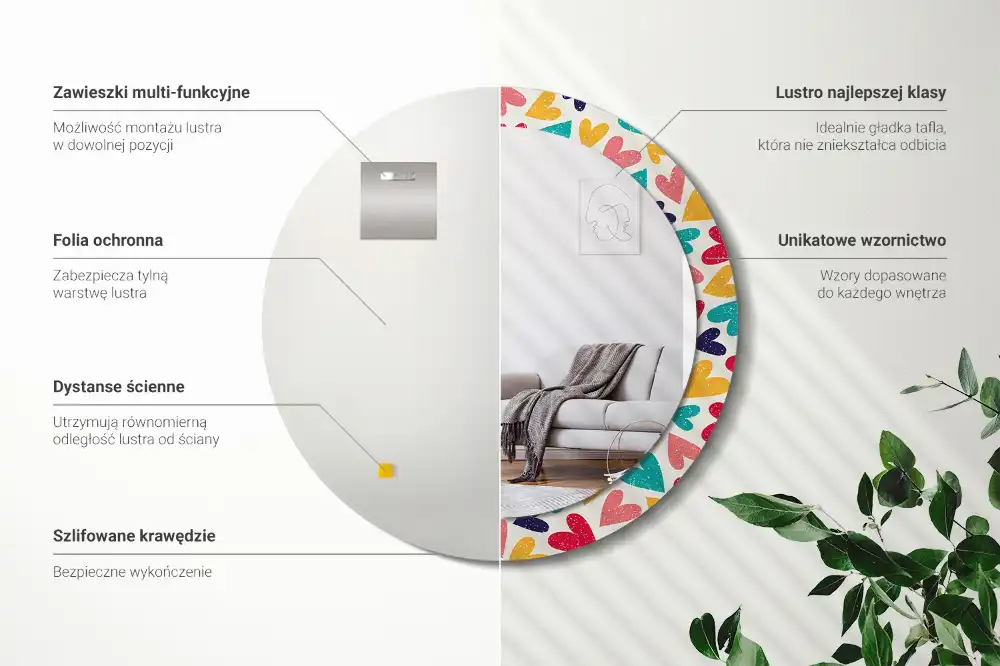 Rund spegel med tryckt Färgglada hjärtan