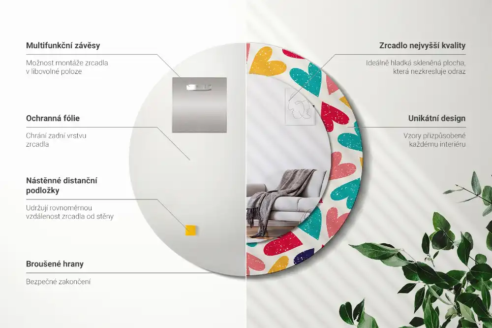 Rund spegel med tryckt Färgglada hjärtan