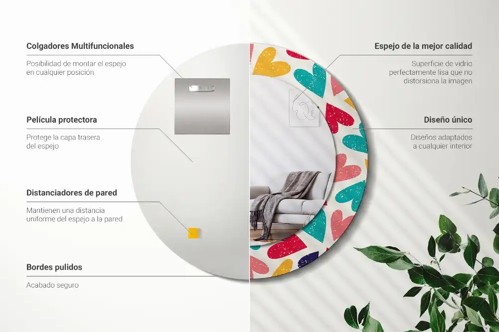 Rund spegel med tryckt Färgglada hjärtan