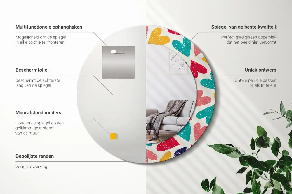 Rund spegel med tryckt Färgglada hjärtan