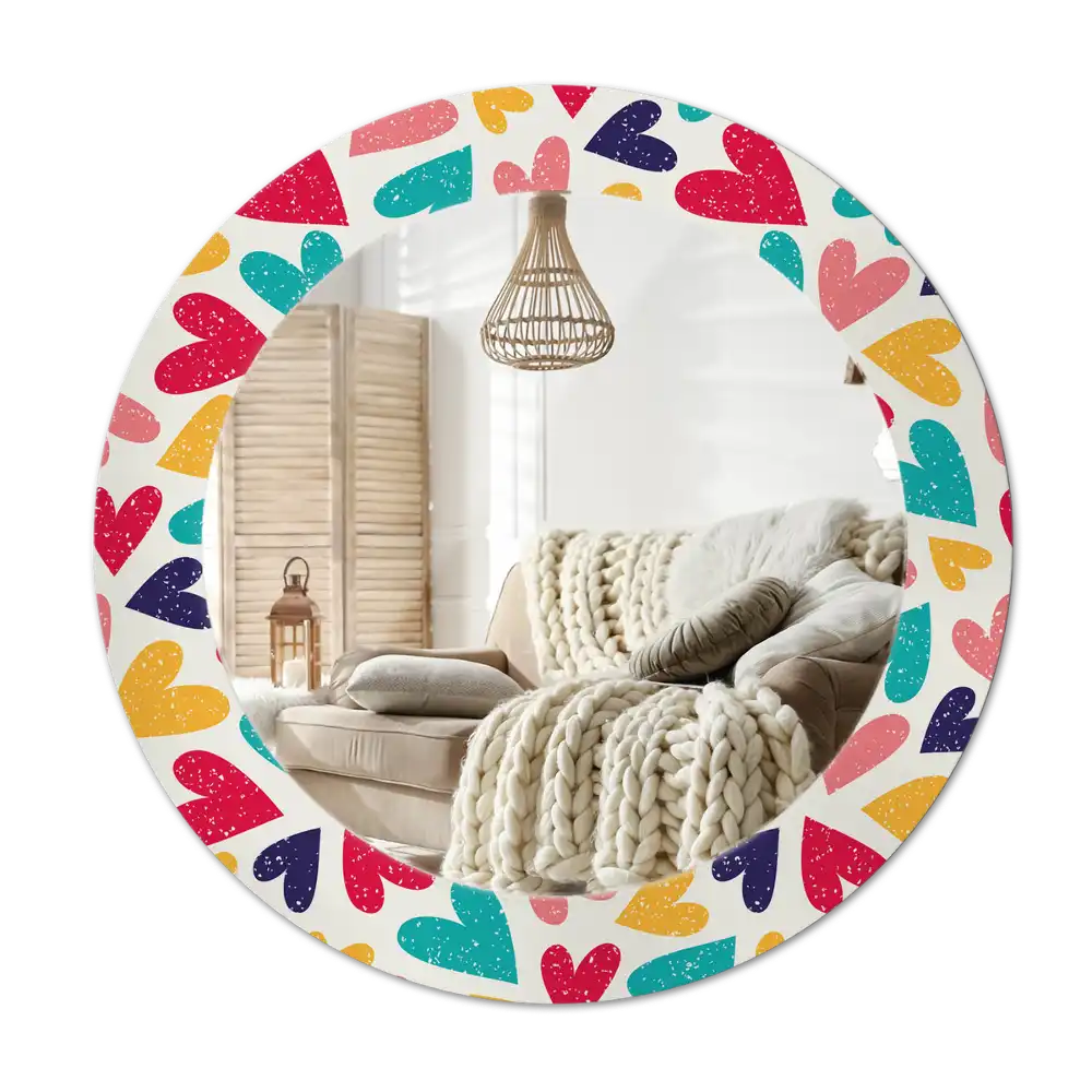 Rund spegel med tryckt Färgglada hjärtan