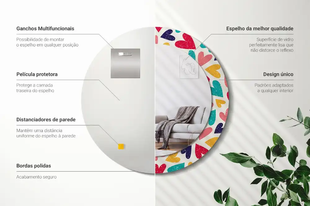 Rund spegel med tryckt Färgglada hjärtan