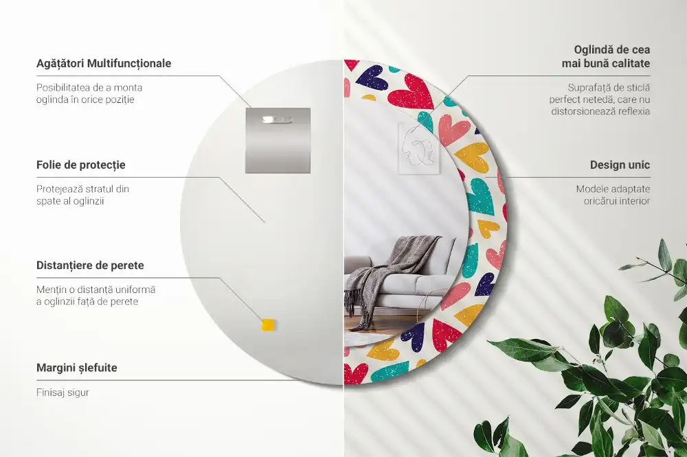 Rund spegel med tryckt Färgglada hjärtan