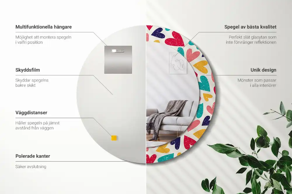 Rund spegel med tryckt Färgglada hjärtan