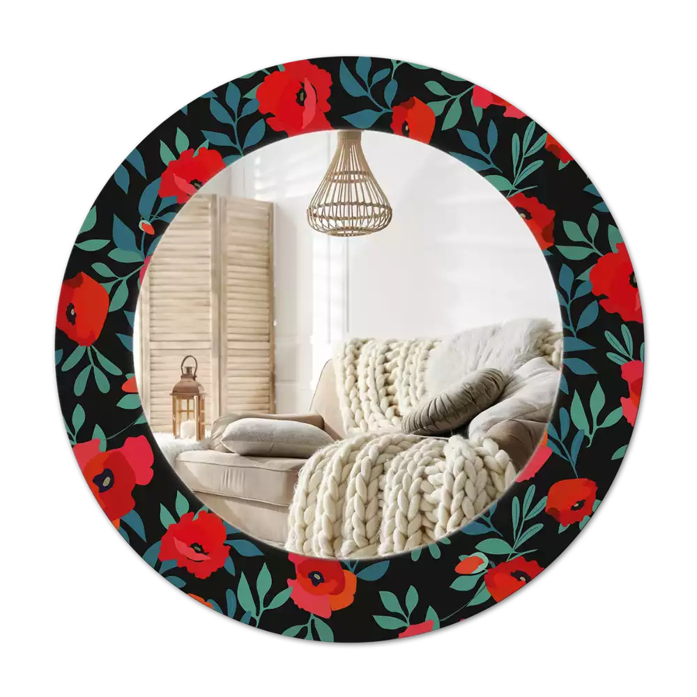 Rund spegel med tryckt Röd vallmo