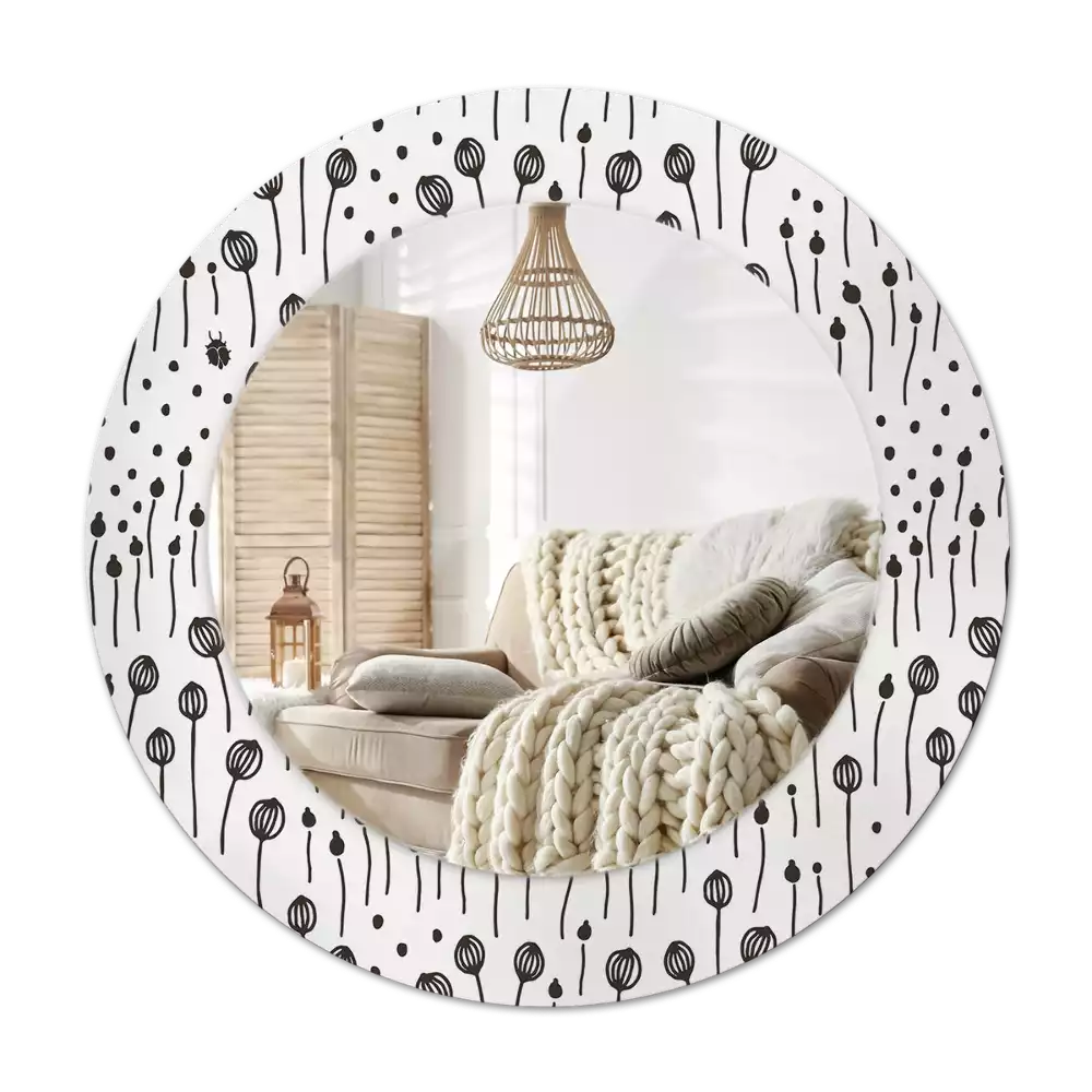 Rund spegel med tryckt Blomma teckning