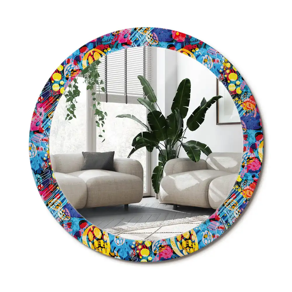 Rund spegel med tryckt ram Färgglada doodles