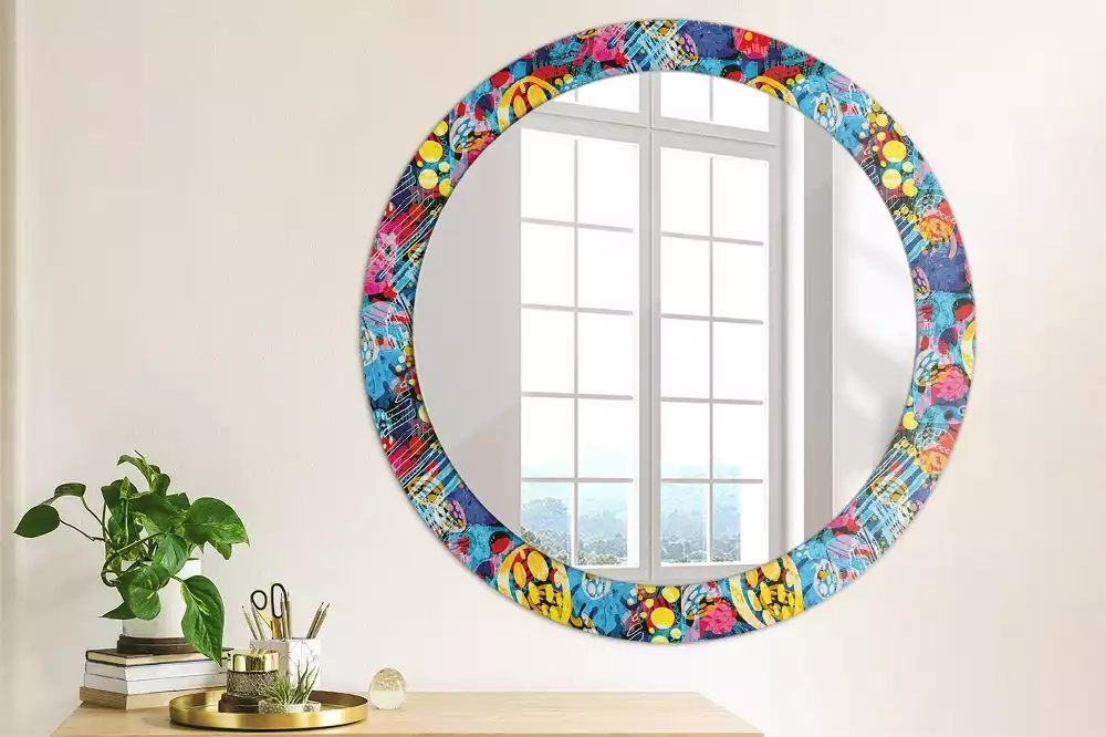 Rund spegel med tryckt ram Färgglada doodles