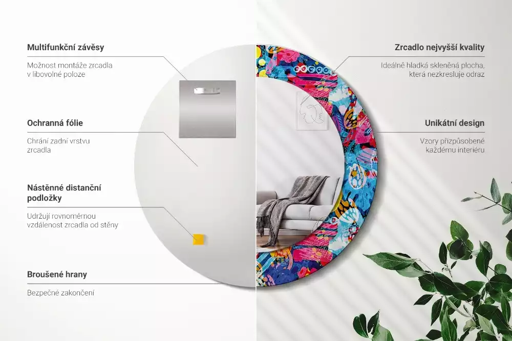 Rund spegel med tryckt ram Färgglada doodles