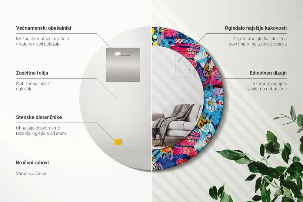 Rund spegel med tryckt ram Färgglada doodles