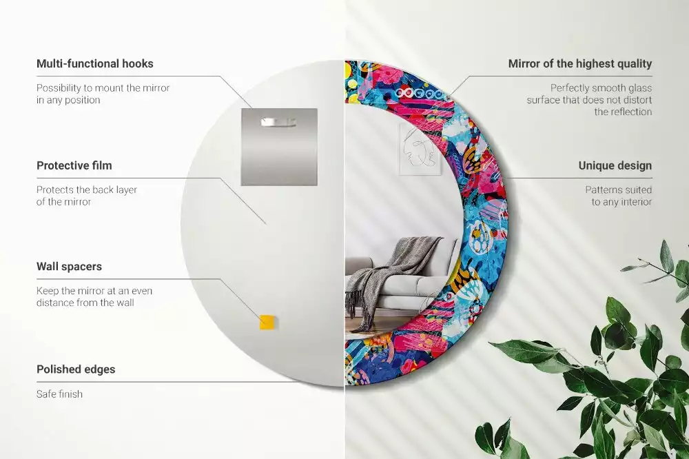 Rund spegel med tryckt ram Färgglada doodles