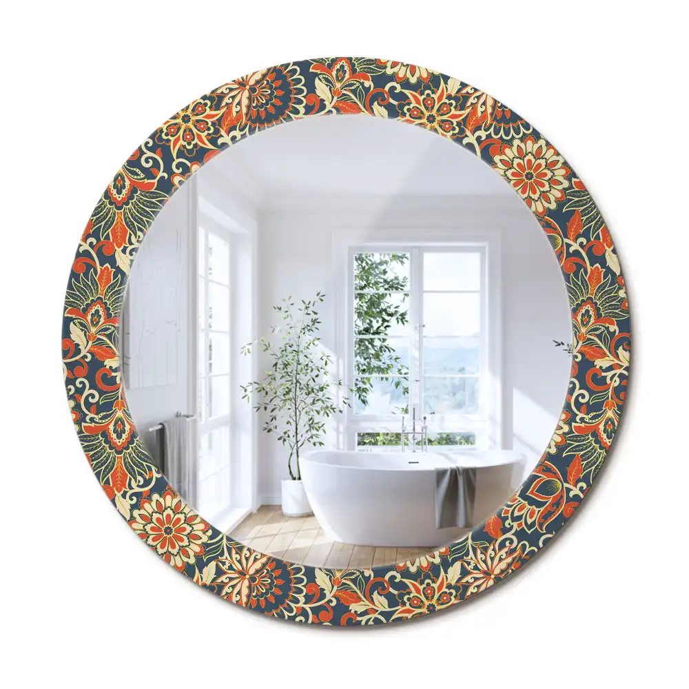 Rund spegel med tryckt ram Retro blommor