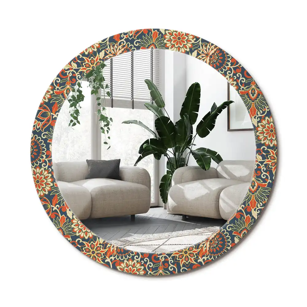 Rund spegel med tryckt ram Retro blommor