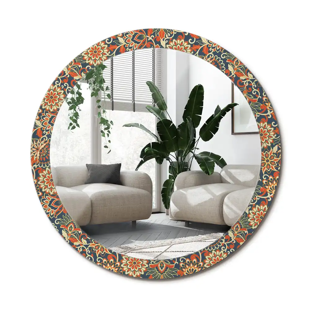 Rund spegel med tryckt ram Retro blommor