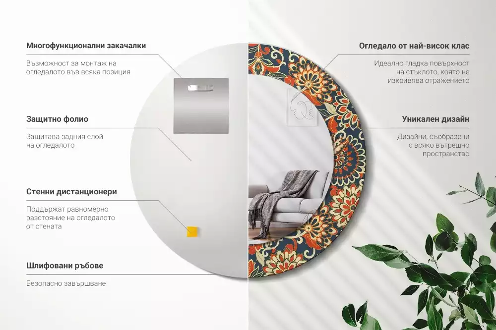 Rund spegel med tryckt ram Retro blommor