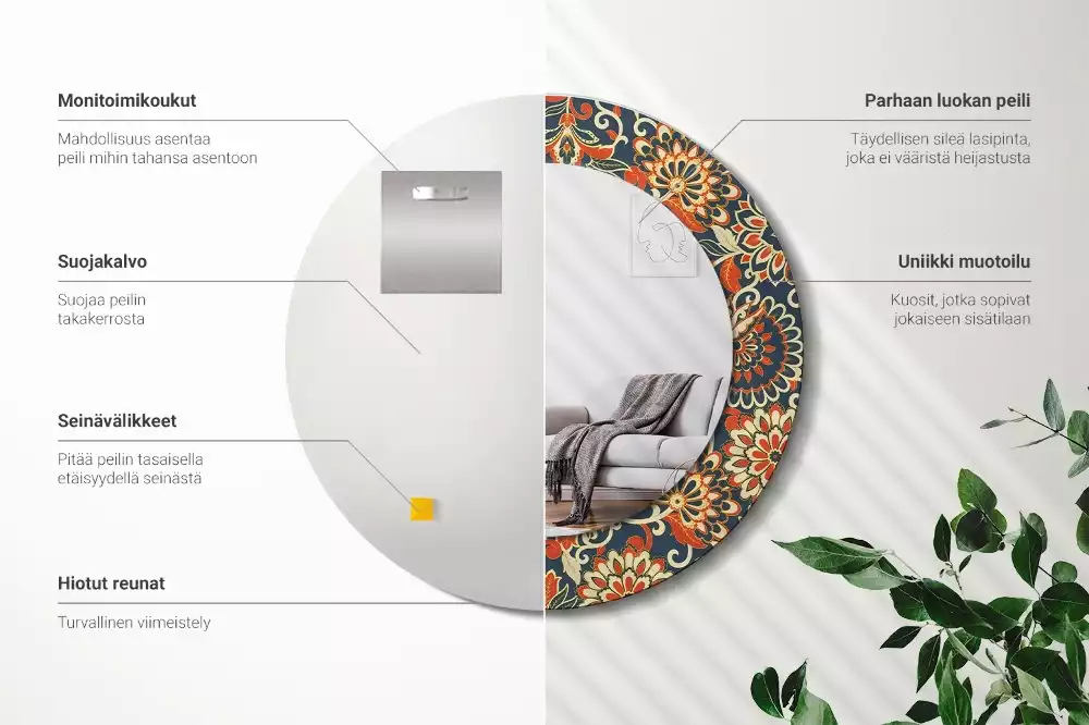 Rund spegel med tryckt ram Retro blommor