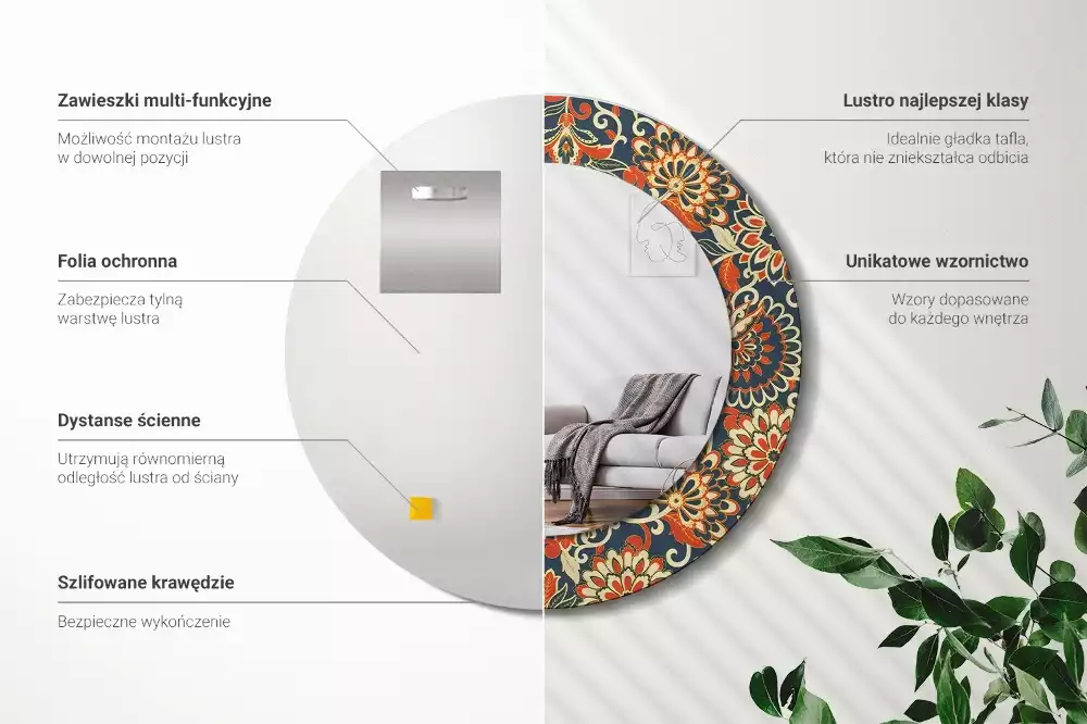 Rund spegel med tryckt ram Retro blommor