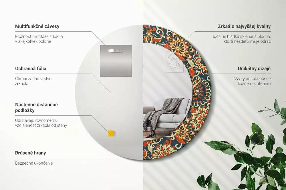 Rund spegel med tryckt ram Retro blommor