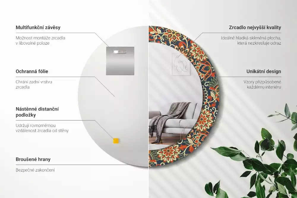 Rund spegel med tryckt ram Retro blommor