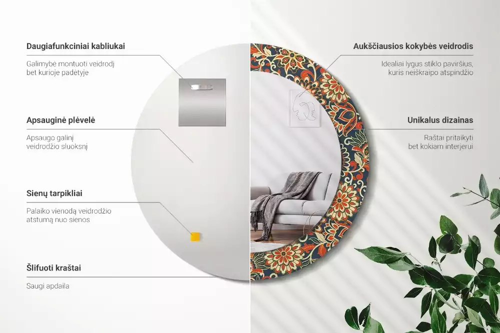 Rund spegel med tryckt ram Retro blommor